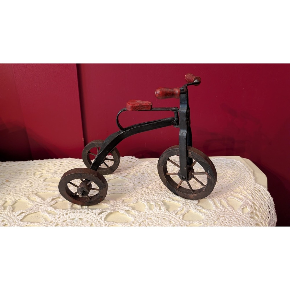 Metal & Wood Victorian Tricycle Replica, 6" Tall, 8" Long Red handles/Seat